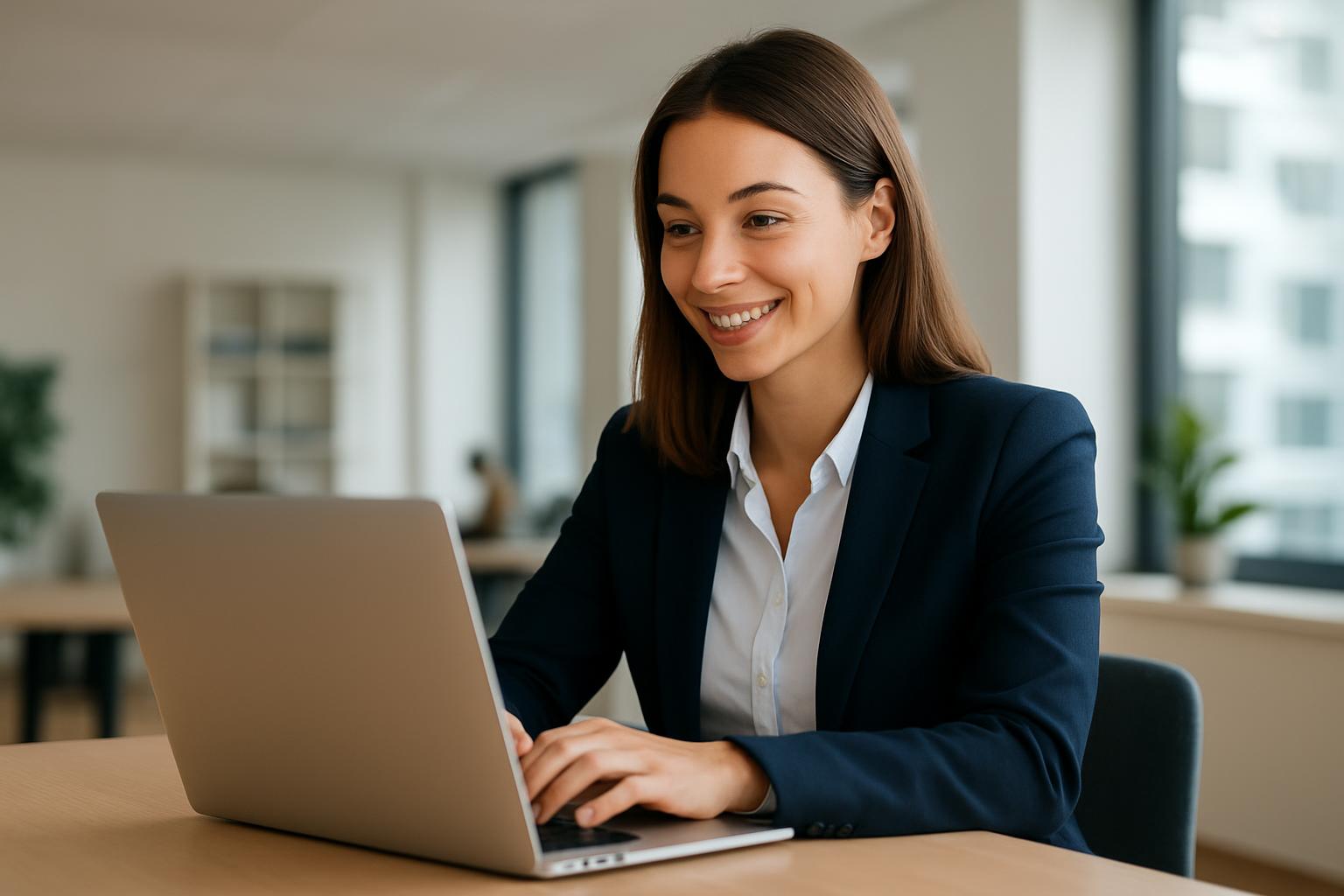 Junge Frau in einem modernen Büro, die an einem Laptop arbeitet.